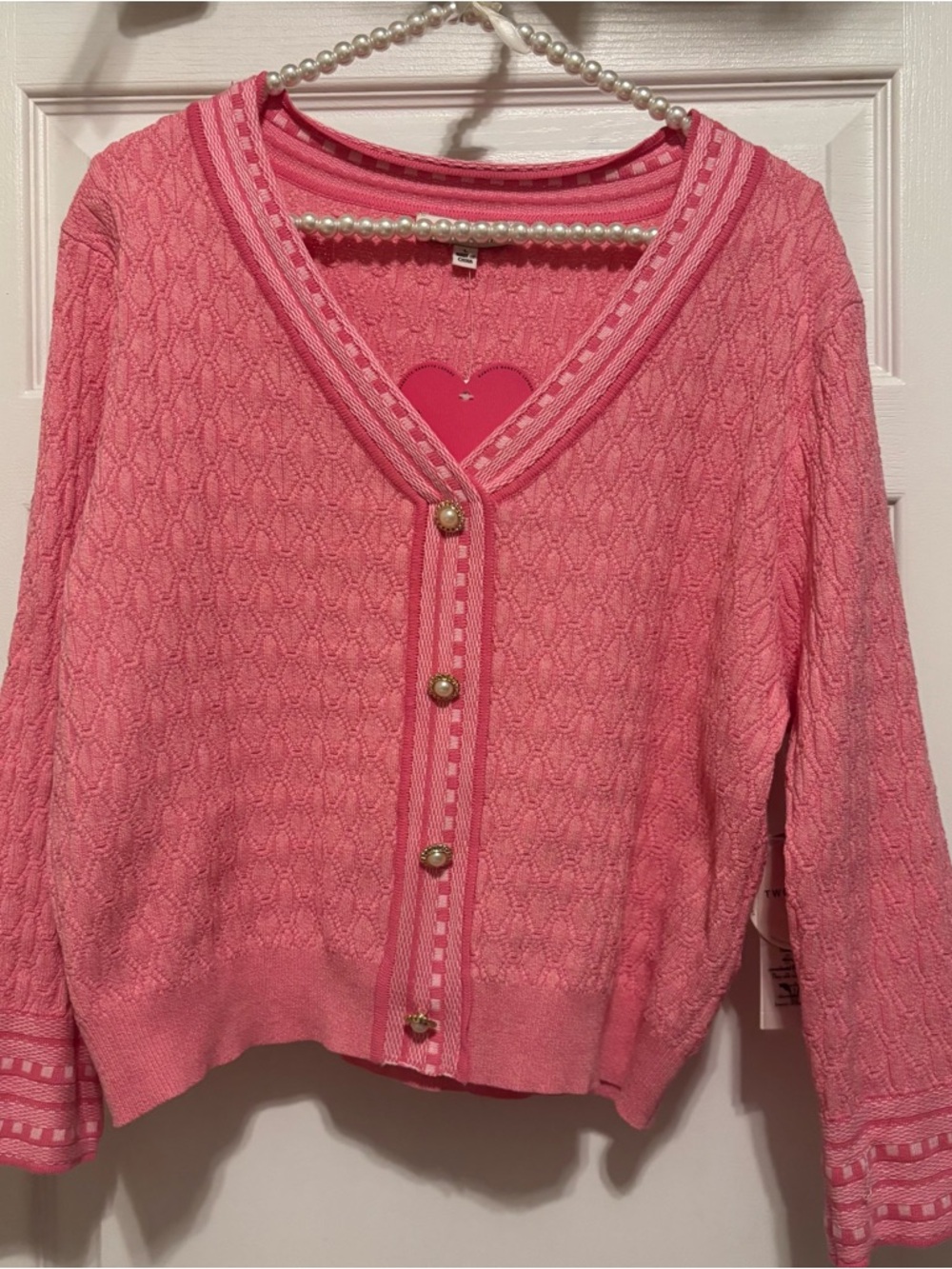 Nanette Lepore Pink Textured V-Neck Cardigan with Gold Buttons